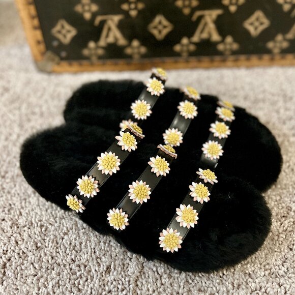Fabrizio Viti Black Shearling and Leather Daisy Embellished Slip On Sandals - Picture 2 of 5